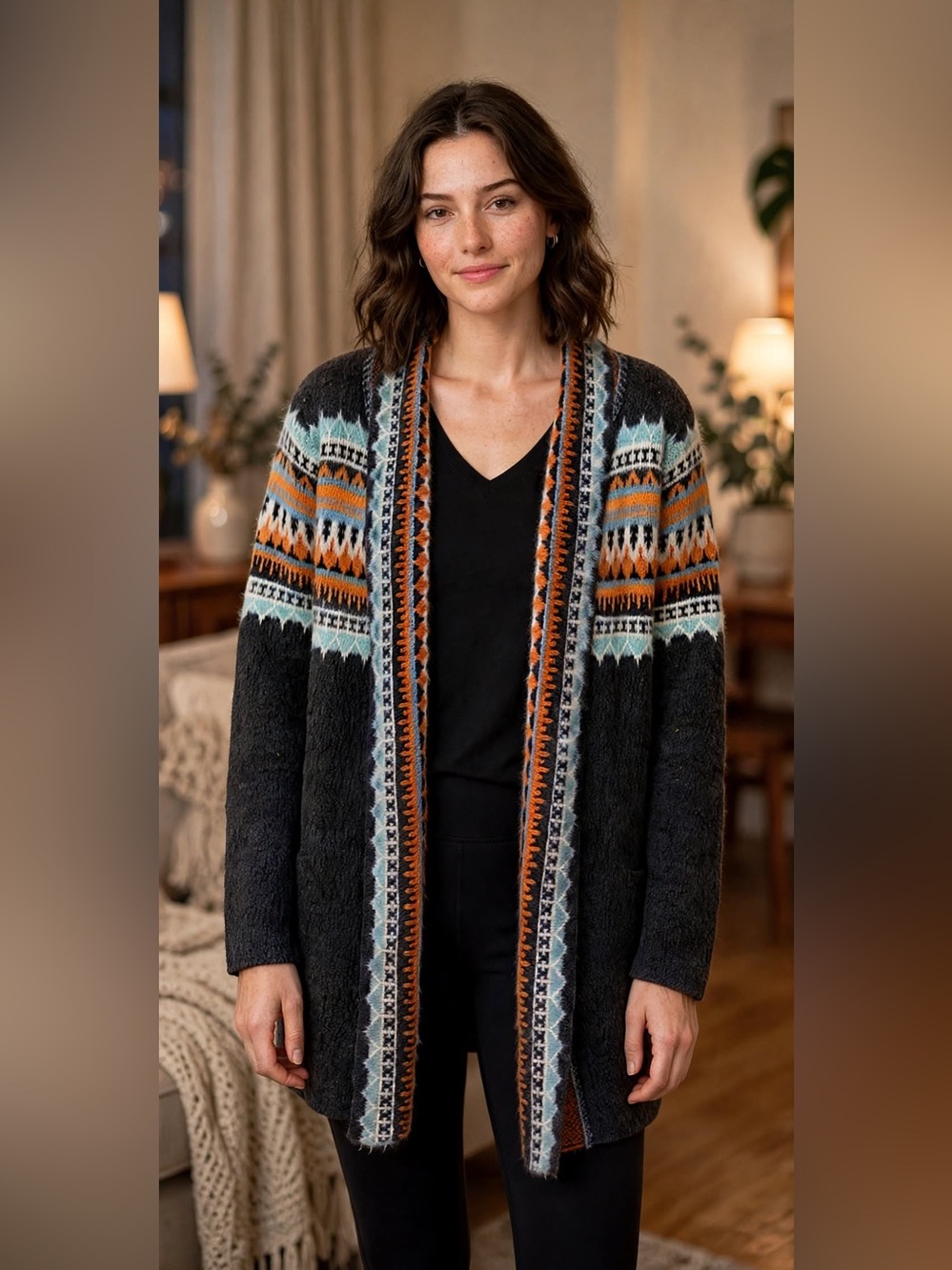NWOT Anama Charcoal Open-Front Cardigan with Orange & Cream Accents
